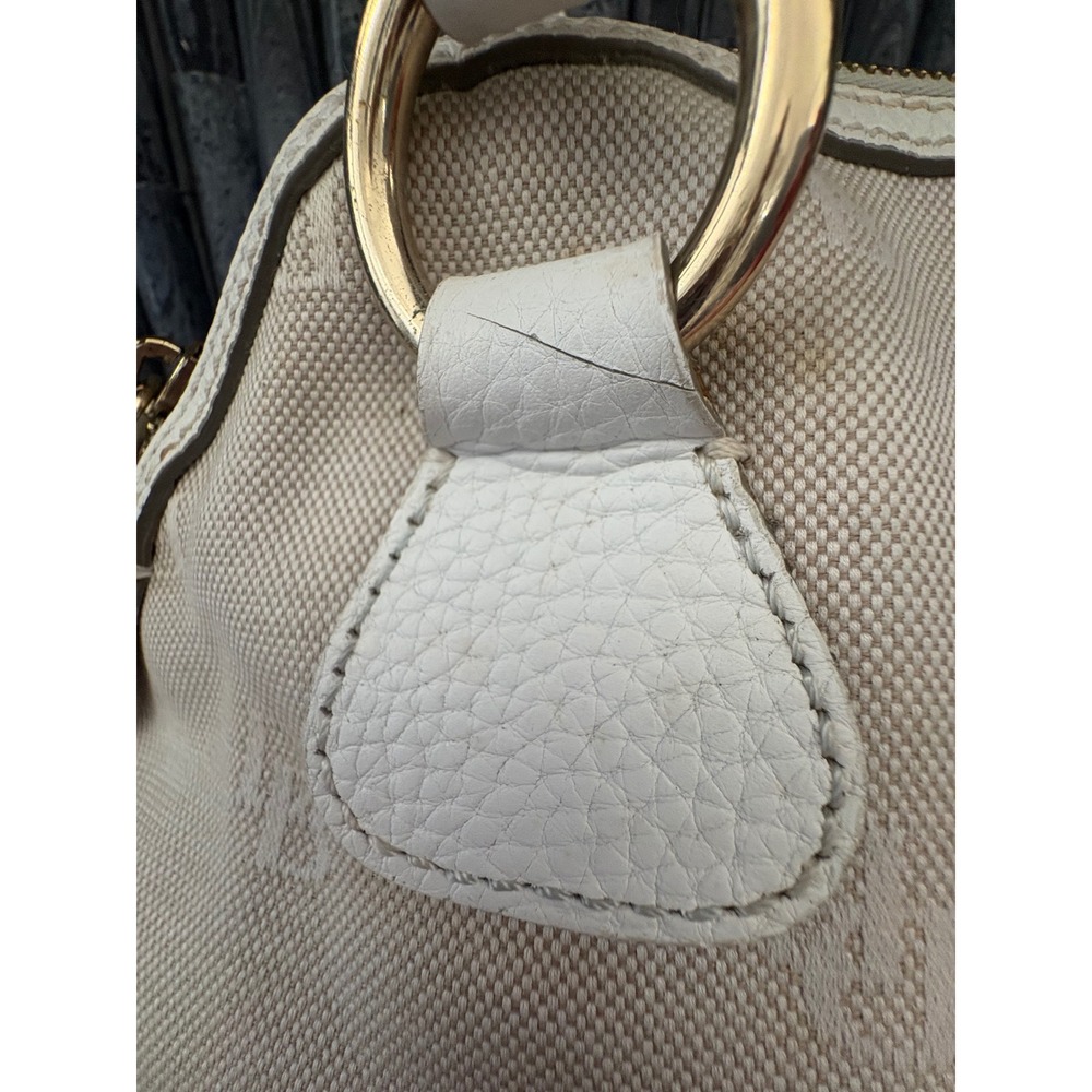 Dooney & Bourke Monogram Canvas Satchel Bag White Leather Trim w/ vintage Scarf - Picture 10 of 12